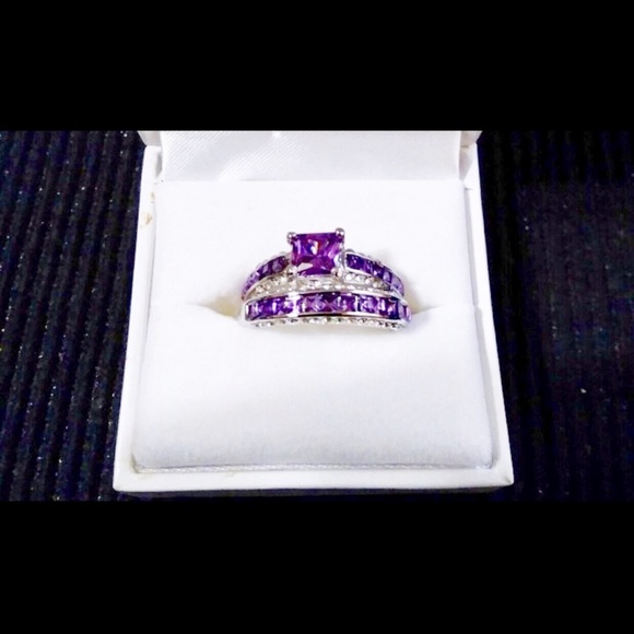 Amethyst Wedding Ring Set Sterling Silver Plated stamped .925 - Picture 1 of 7